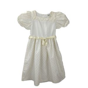 Vintage 90s Leslie Fay White Party Dress Size 7 Flocked Dot Satin Puff Sleeve